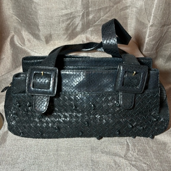 Perlina Black Snake Print Leather Woven Large Satchel Shoulder Bag - Picture 1 of 16